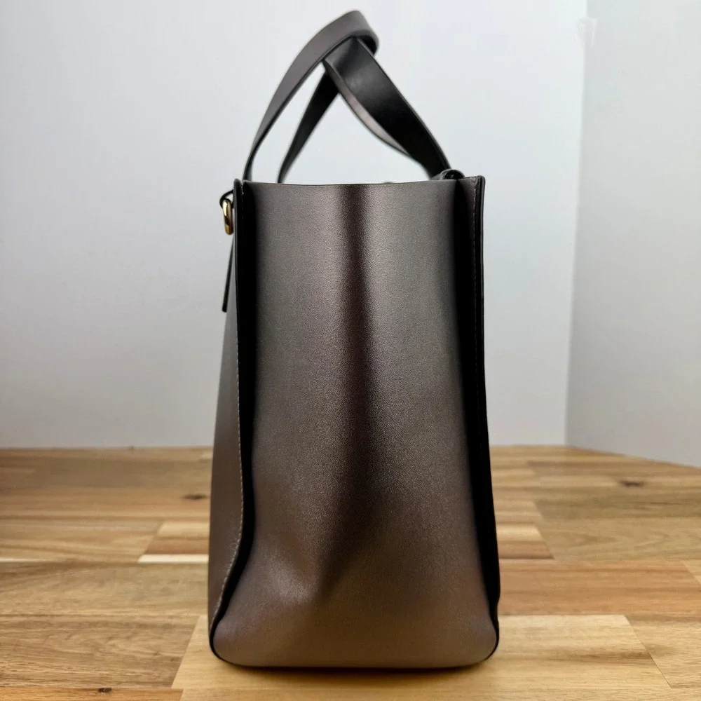 Kate Spade Metallic Pewter Leather Tote Bag Triple Compartment Handbag Gunmetal